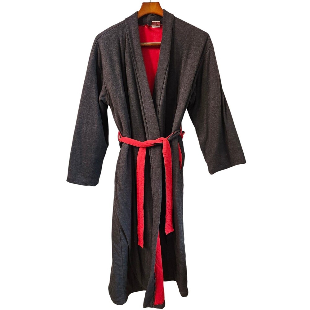 Josie Natori Kimono Wrap Belted Robe Size XS Gray Red Soft Thick with Pockets